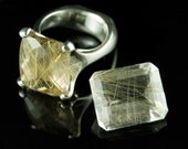 Rock in Paws Sterling Silver Ring, Clear Golden Rutilated Quartz Emerald Cut Gemstone Ring, Custom Size