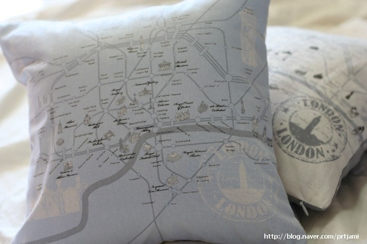 London Map Illustrated Blue Tone Linen Pillow Case(Cover, Slip)