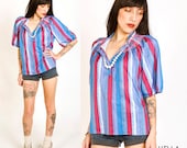 1970s Disco Boho Blue Pink Peasant Top S/M