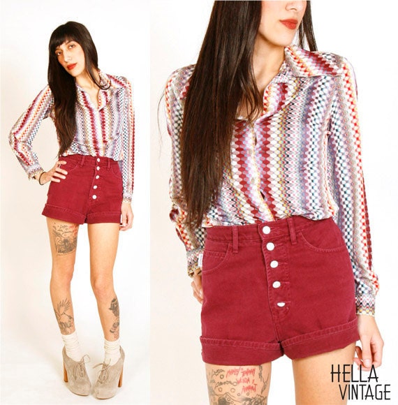 70's Psychedelic Collared Blouse S Long Sleeve  Multi Colored Geometric Print Shirt