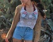 70's Crochet Tank Top XS/S Open Weave Crochet BOHO Hippie Floral Knit Tank Top