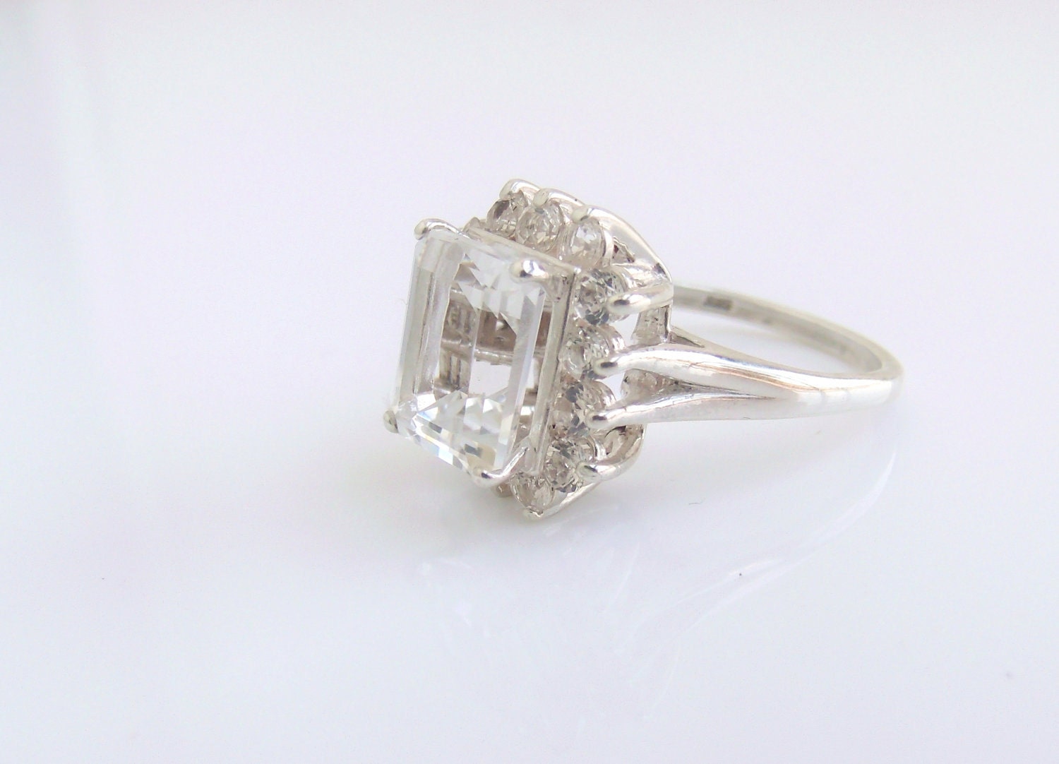 White Topaz Ring Emerald Cluster Sterling Silver April birthstone