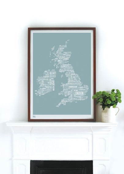 British Isles Type Map in Sheer Slate - decorative screen print