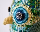 Soft Sculpture Bird Owl / Blue and Green Vintage Wool / Made to Order