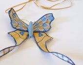 Soft Sculpture Moth Brooch / Tailed Saturniid / Upholstery Fabric and Satin / Light Blue and gold