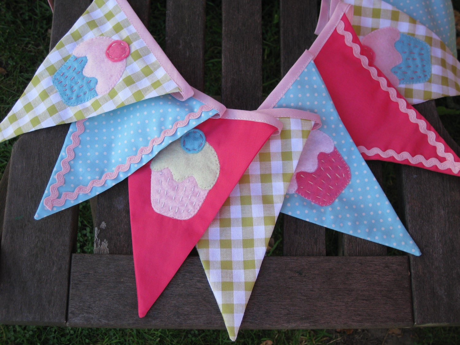 Cupcake Tea Party Banner Bunting Pink Turquoise and Green Custom made ideal for a Birthday Party or Celebration or Photo prop Custom Made