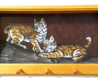 Hand Painted Hat/Coat Rack - Solid Wood - Bobcat Kittens - FREE SHIPPING