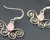 Sterling and Rose Quartz Earrings, Spiral Butterflies, Handmade