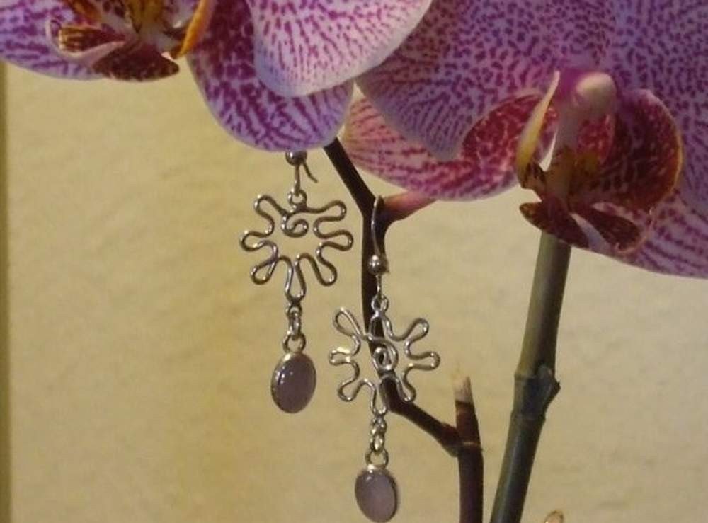 Sterling and Rose Quartz Earrings, Rose Colored Flowers, Spiral Flowers, Handmade