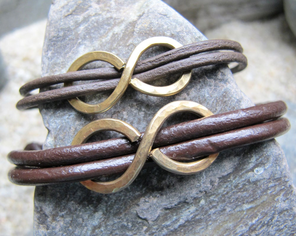 Infinity for Two - Two Brown Leather Sliding Knot Adjustable Gold Infinity Bracelets (FREE SHIPPING) - NearTheWillows