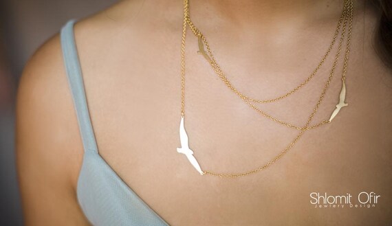 Three Layered Flying Birds Necklace in Gold