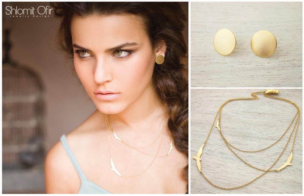 Three Layered Flying Birds Necklace in Gold
