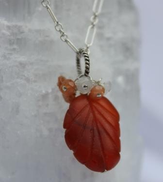 SALE  (was 68.95) Extra Long Sterling Chain Necklace with Handcarved Carnelian Leaf and Moonstone Chams "Autumn Leaves"