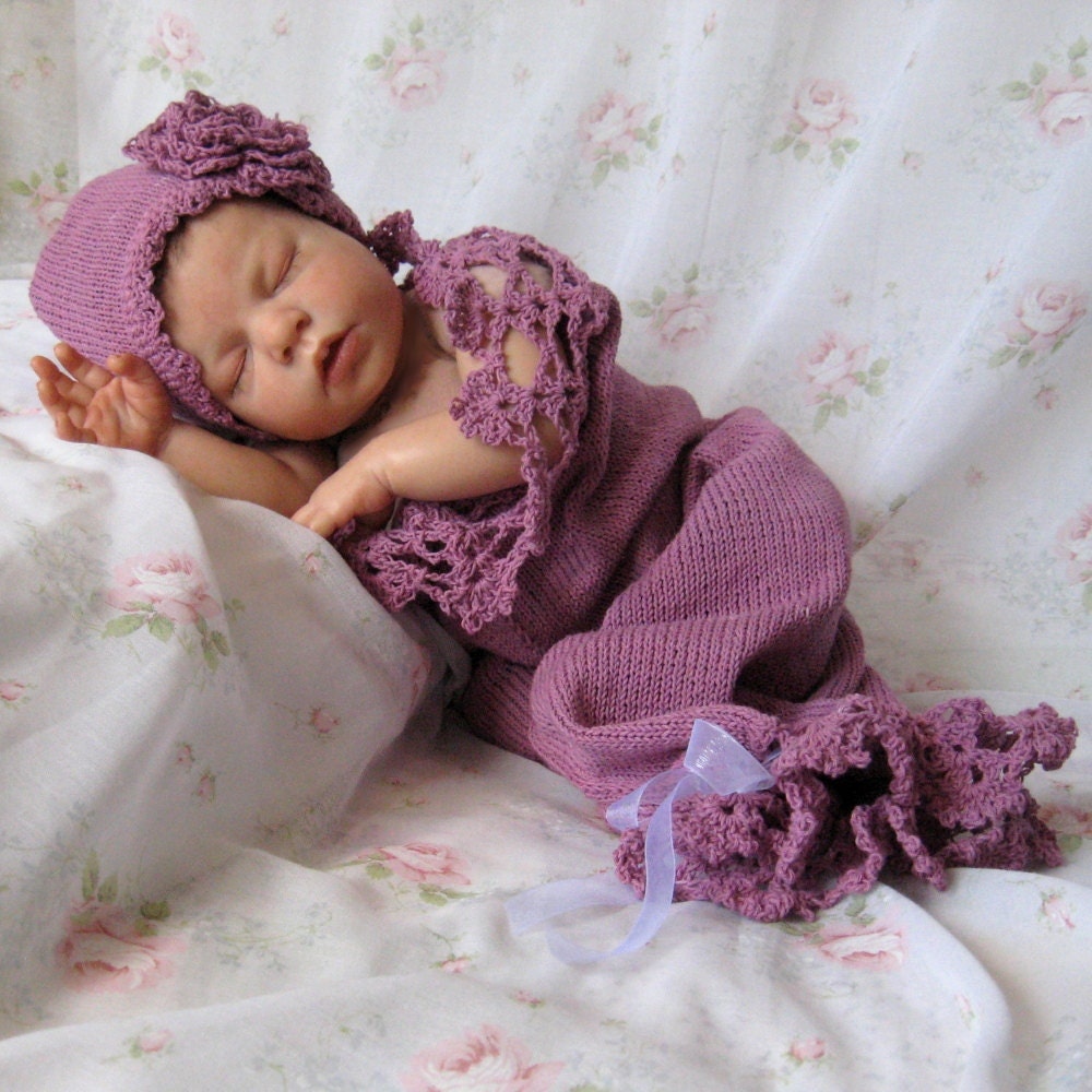 Newborn Baby Lace Hat and Cocoon / Snuggle Sack  in Lavender Cotton Photo Prop
