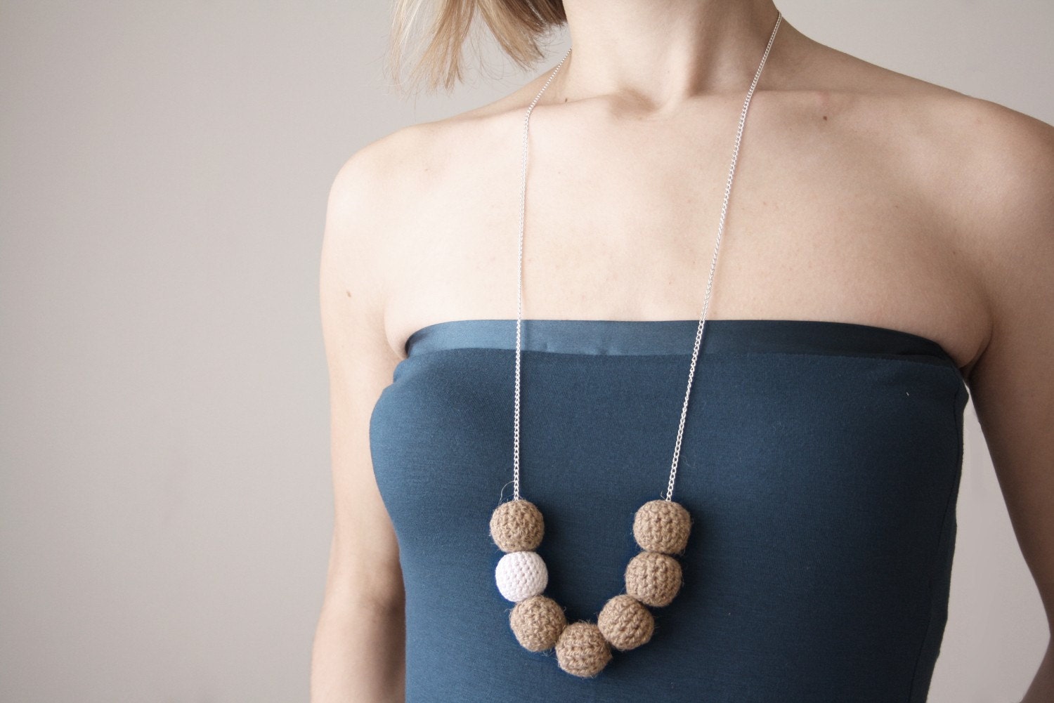organic linen crochet bead necklace with chain - choose your color - handmade long funky necklace
