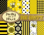 Bee Happy - Digital Paper Pack - INSTANT DOWNLOAD - Scrapbooking Backgrounds - 12 x 12 - Set of 12