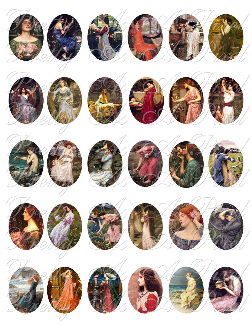 John William Waterhouse - 30 x 40 mm ovals - INSTANT DOWNLOAD - Digital Collage Sheet