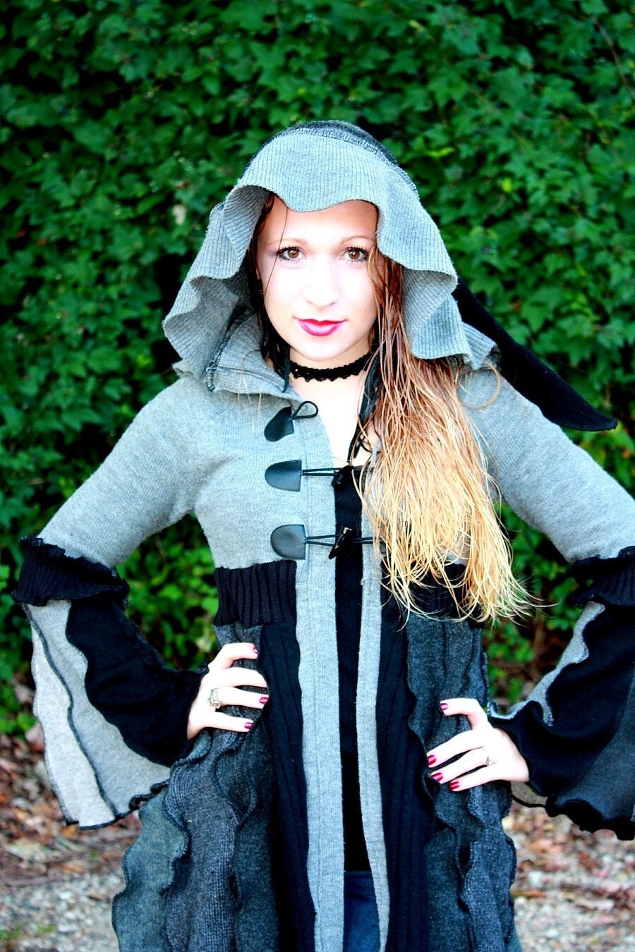 Shadows and Dust- Upcycled Greyscale SnugglePants Sweater Coat with a Medieval Liripipe Hood- RESERVED