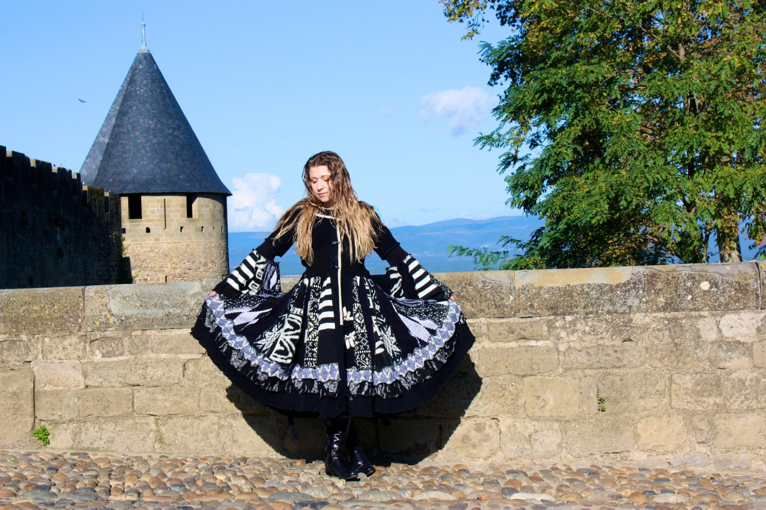 Gothic Russian Matroyshka Snow Queen- Recycled Black & White SnugglePants Sweater Coat - RESERVED