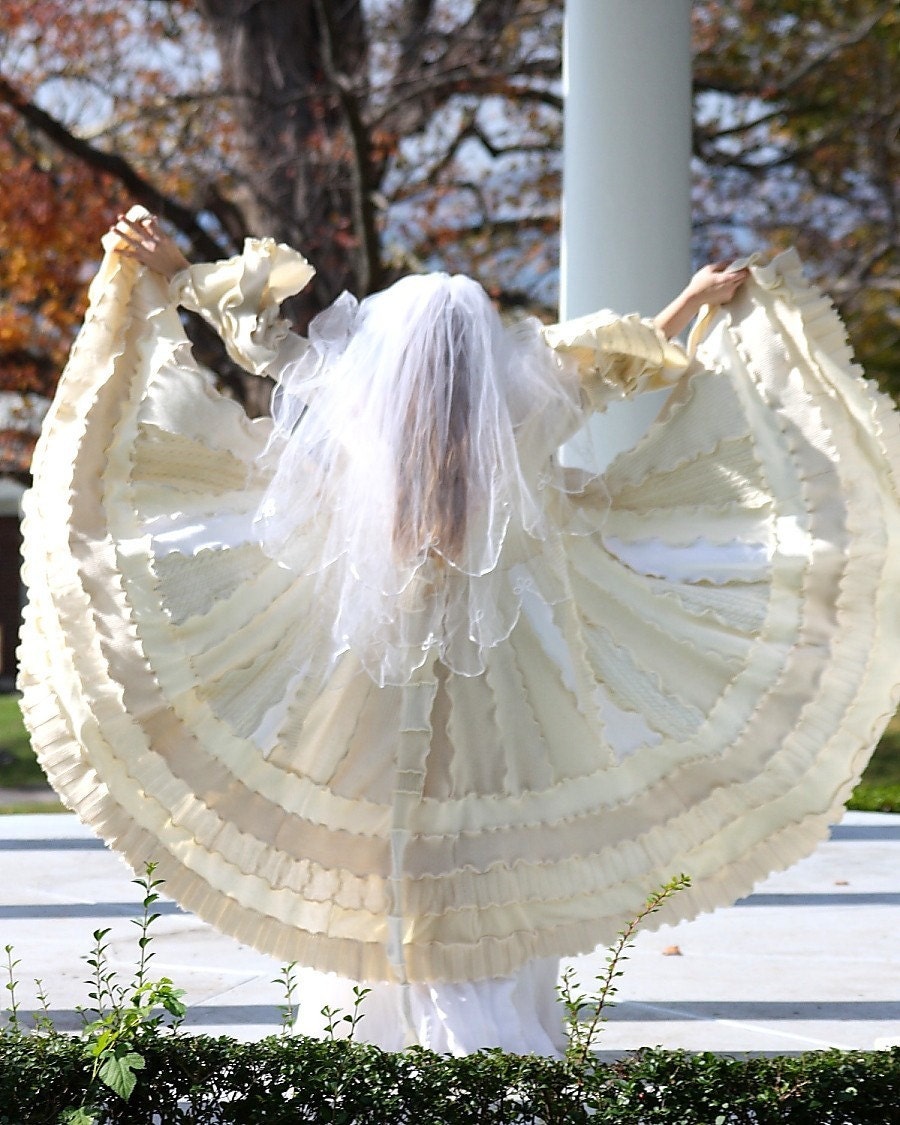 Custom Couture Bridal Wedding Coat- Upcycled Sweater Coat with a Medieval Liripipe Hood and Bell Sleeves by SnugglePants