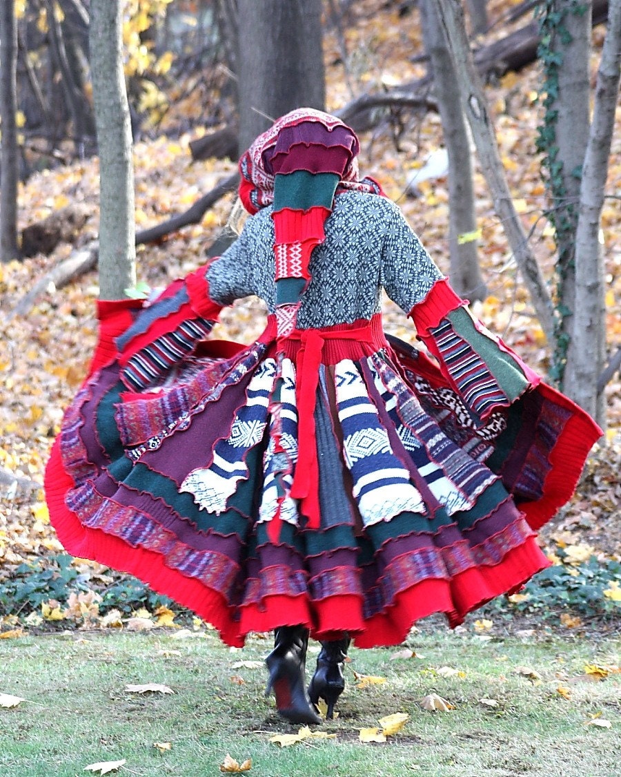 Lussinatten- Upcycled Norwegian Sweater Coat with a Medieval Liripipe Hood and Bell Sleeves by SnugglePants- RESERVED