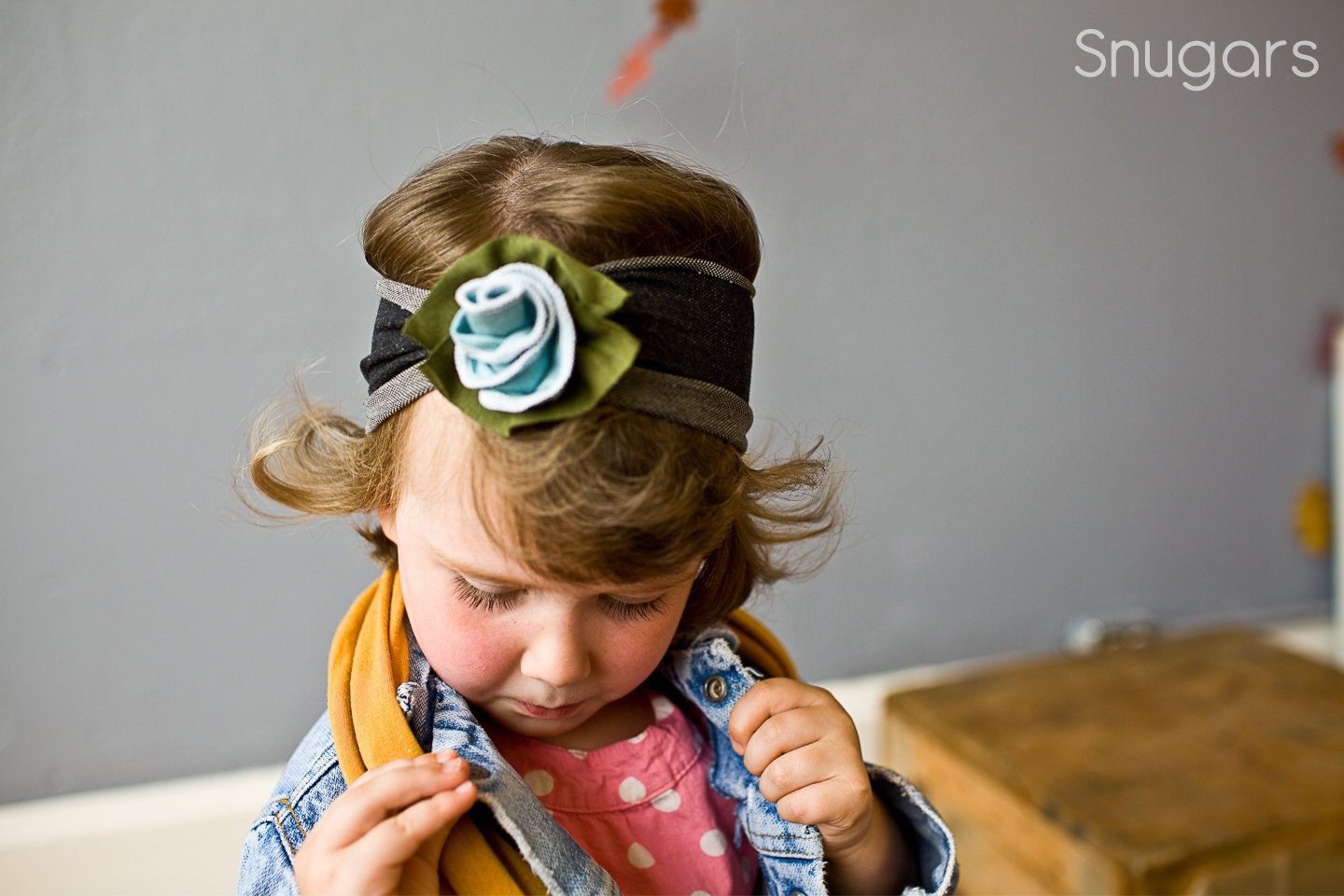 stretch DENIM Petite Rose soft Snugars headband- Fall and winter Berry ice or Pumpkin