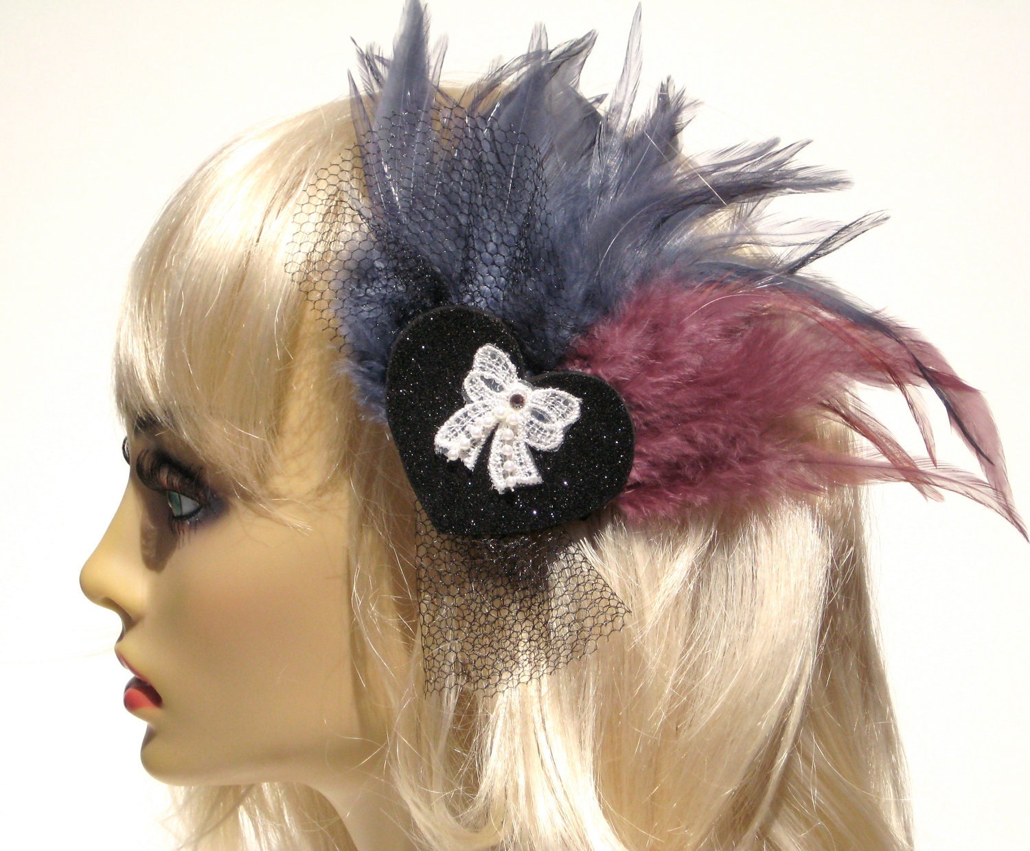 Feather Fascinator Black Heart Hair Clip Pin Up Rockabilly Burlesque Dramatic