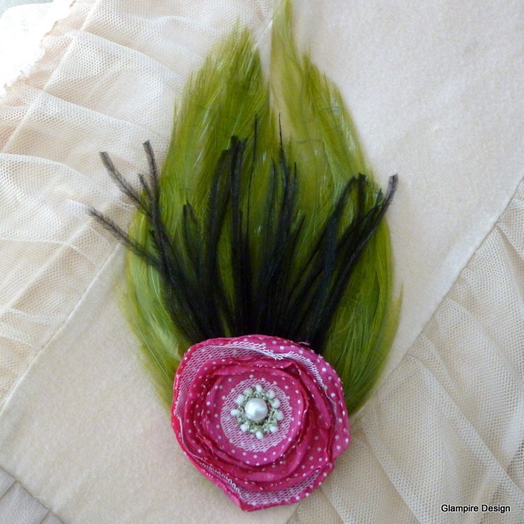 SUPER SALE Green Feather Hair Clip Pink Hair Flower Unique Pin Up Rockabilly Colorful