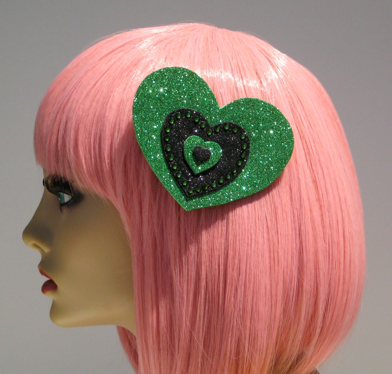 Green Of Hearts Hair Clip Black Heart Rockabilly Pin Up Goth Kawaii