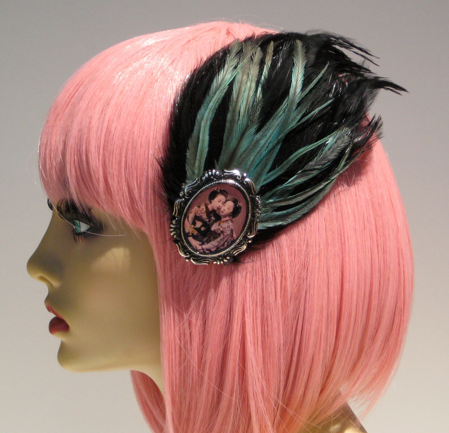 Feather Hair Clip Black Feathers Emu Teal Feathers Geisha Girl Rockabilly Goth Pin Up Japanese