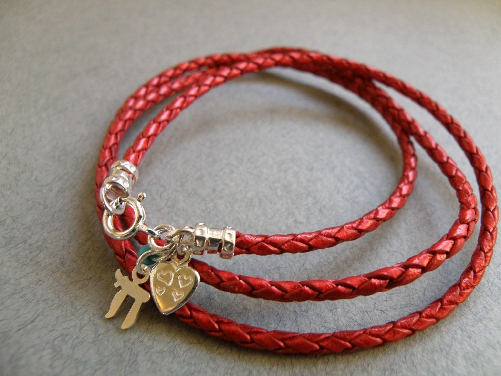 Red leather  Bracelet - Red Braided Leather Bracelet with Silver Charms - Good luck charm - kabbalah