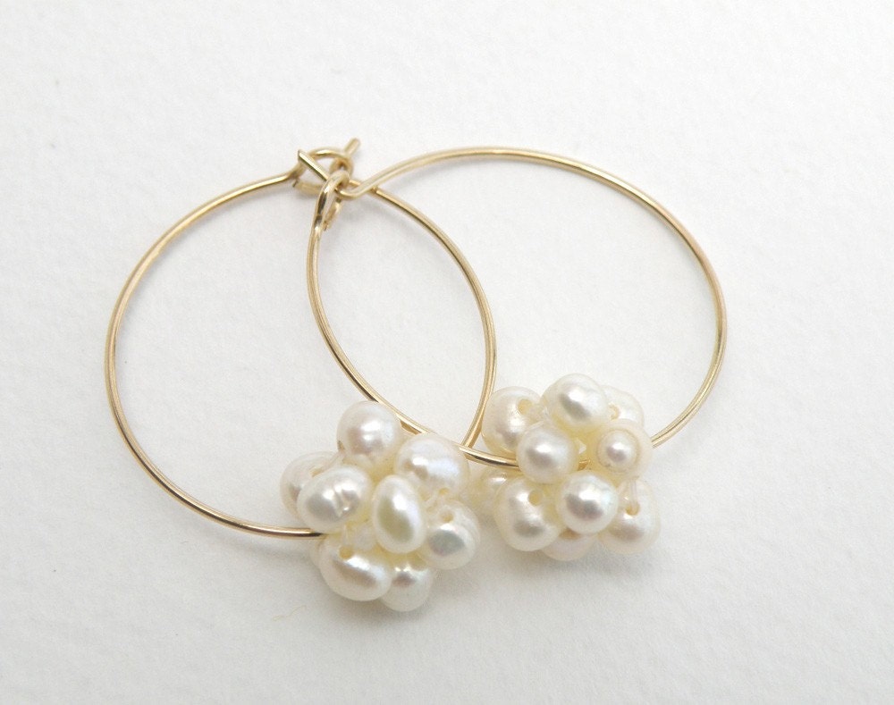 Wedding Hoops - Gold Filled Hoops with White Pearl Sphere - Bridal Hoops Earrings - Hoops with Pearl Sphere