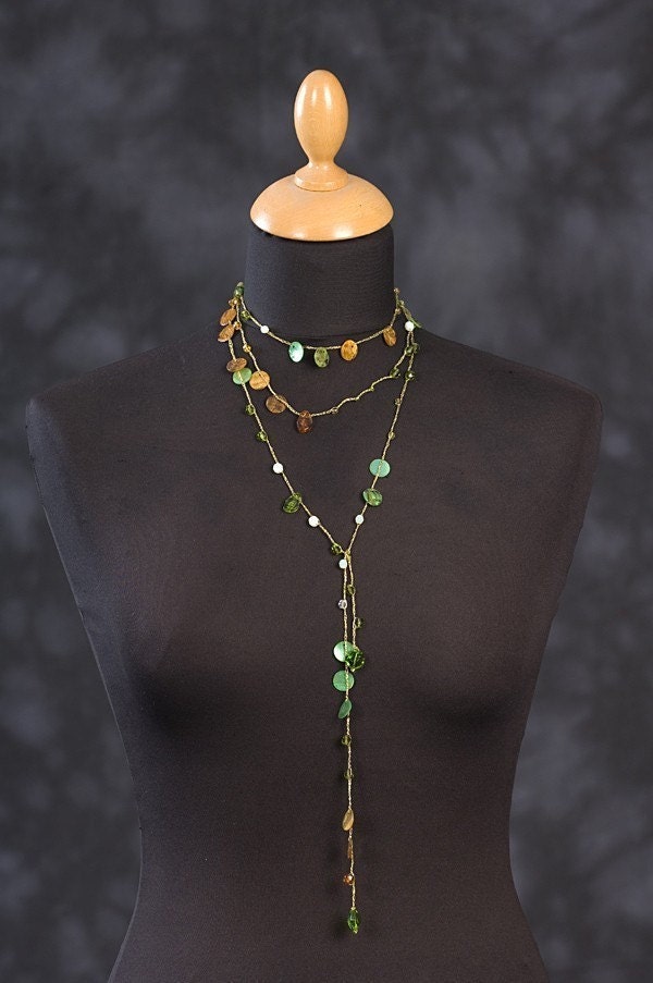 Crochet Lariat with Beads - Long Open-Ended Lariat Crocheted Necklace - in Green, Orange and Gold