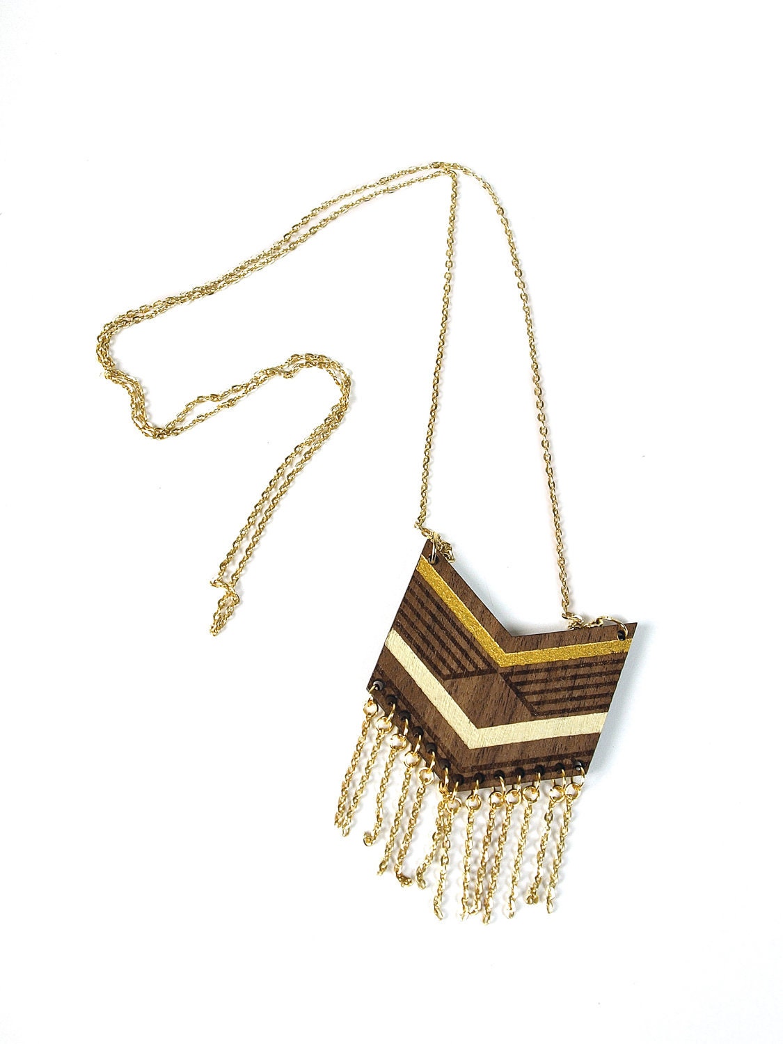 NEW length and colo  MEXI - Laser cut walnut fringe necklace, gold & cream 32"