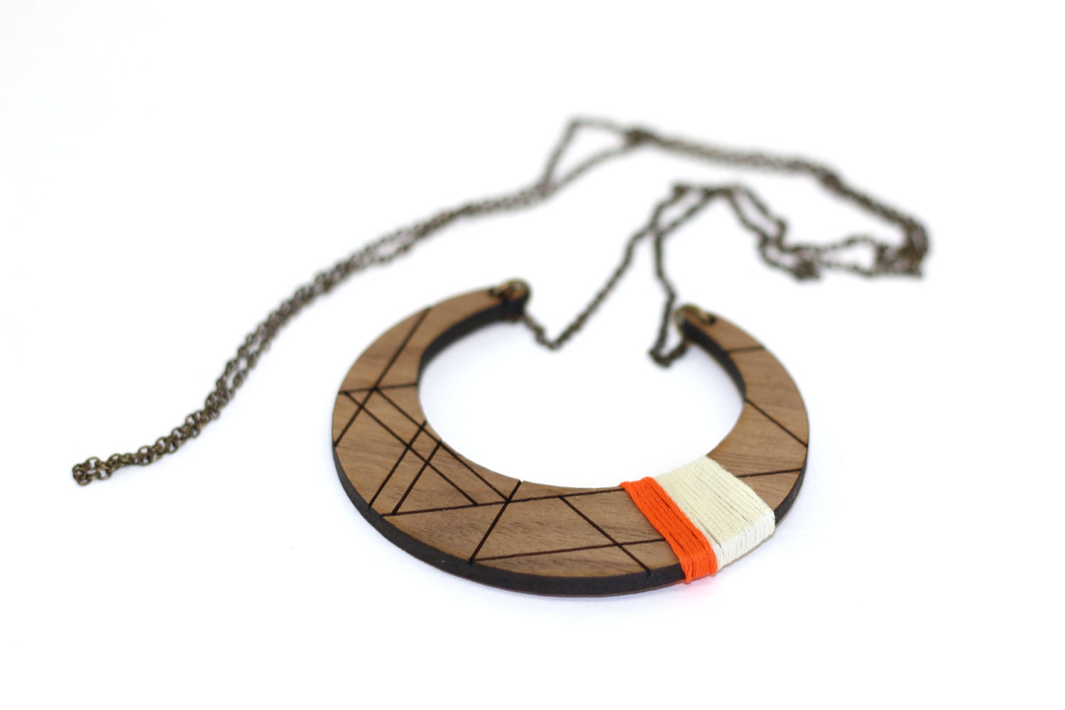 CRESCENT - Persimmon and cream, geometric, laser cut/etched & string wrapped walnut necklace