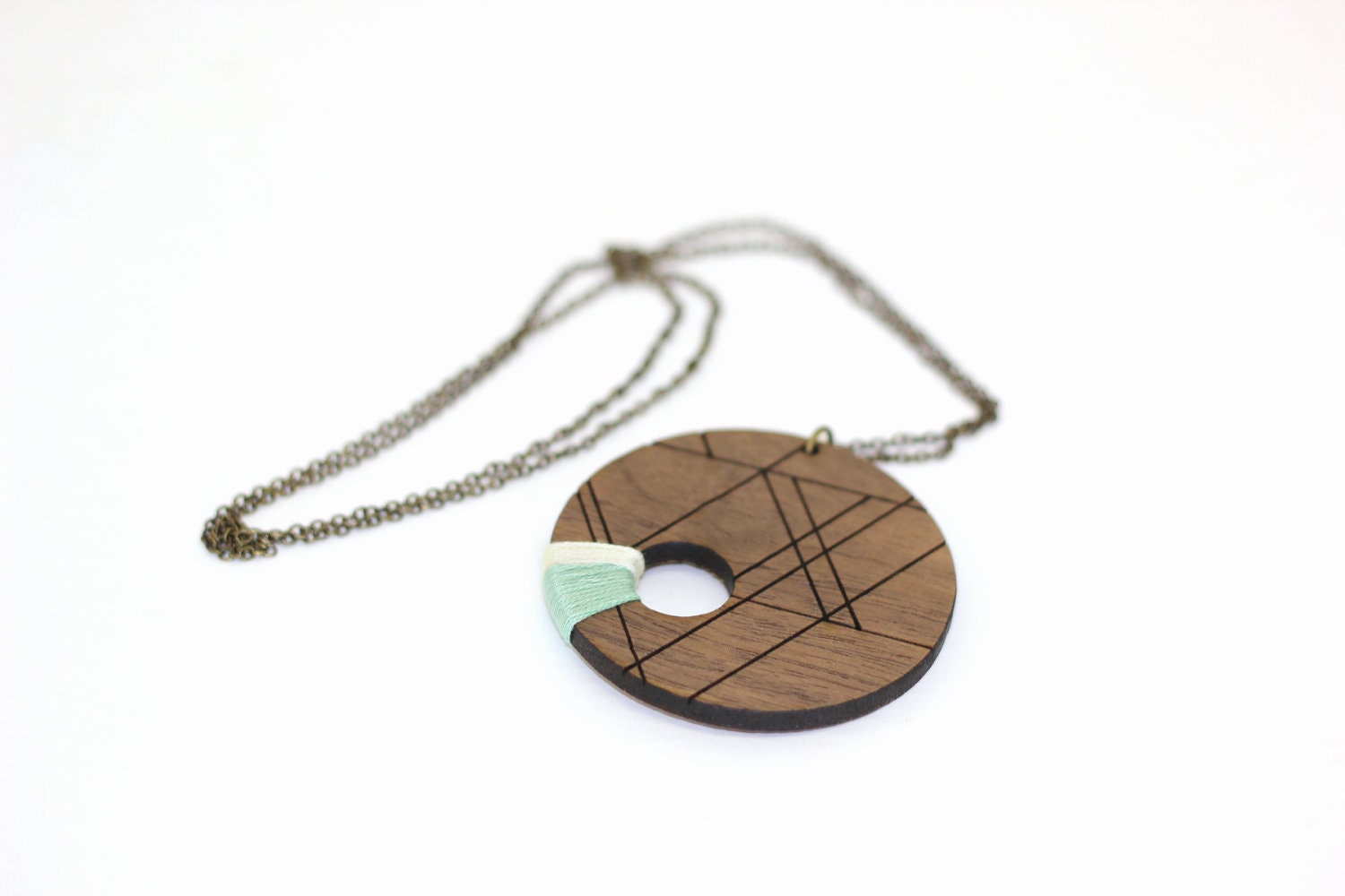ORBIT - Seafoam and cream, geometric, laser cut/etched & string wrapped walnut necklace