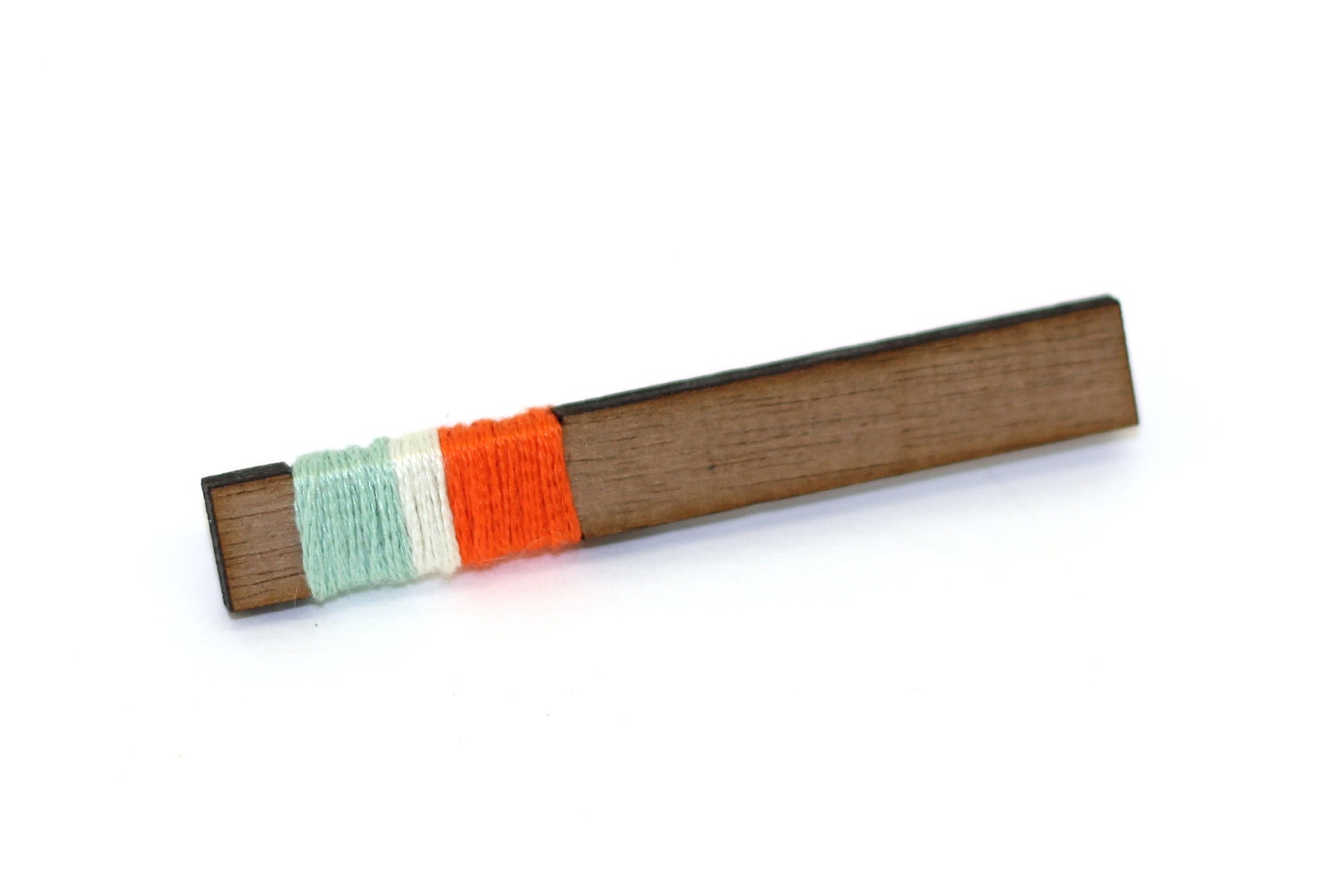 BAR lapel pin - Persimmon, cream and seafoam, laser cut & string wrapped walnut lapel pin