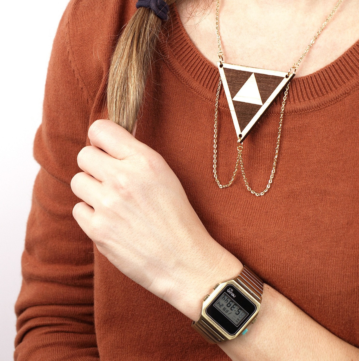 UTA - Laser cut, walnut, triangle necklace, gold