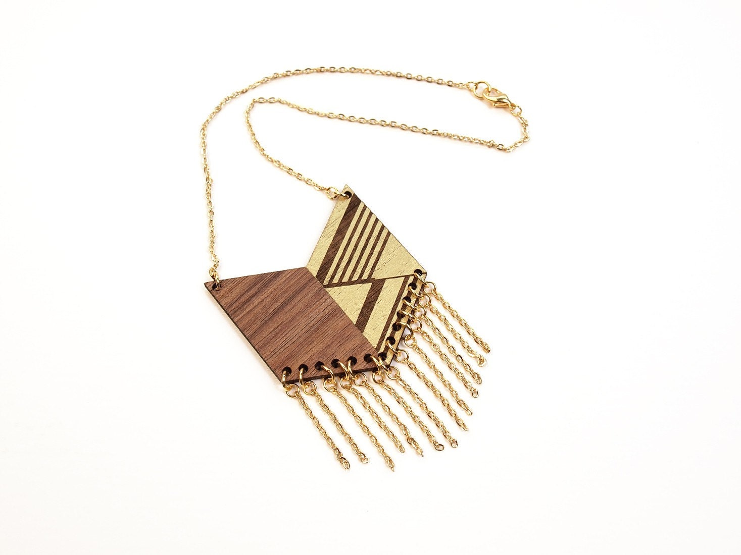 MEXI - Laser cut walnut fringe necklace, gold
