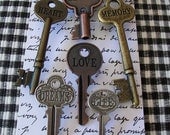 KEYS-WORD KEYS-Love-Dreams-Heart-6 Key Magnets-Pushpins-Steampunk-Stamped Metal Word Keys-Seating Chart-Wedding-Reception-Unique Gifts
