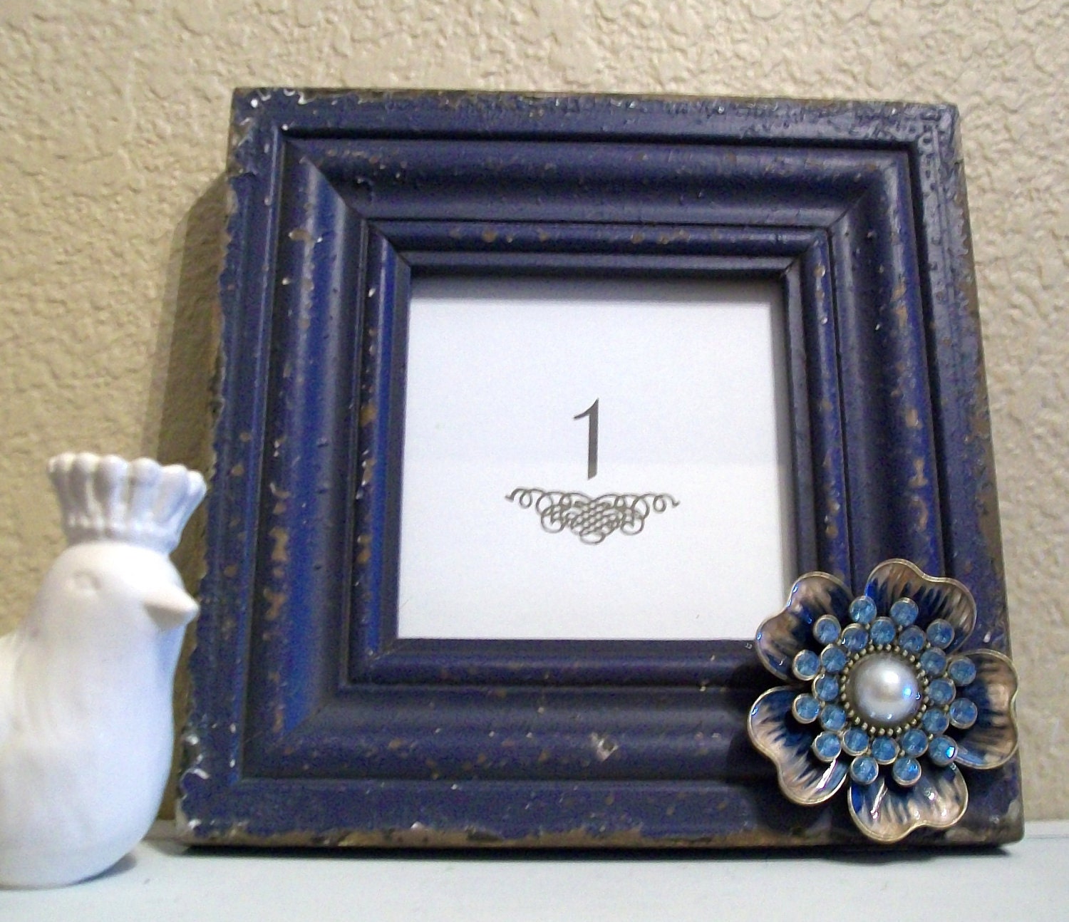 Set of 10 Wedding Table Numbers-Signage-Shabby Chic Picture Frames-Vintage Jewelery Accent-Cobalt Blue-Navy Blue-Wedding Chalkboards