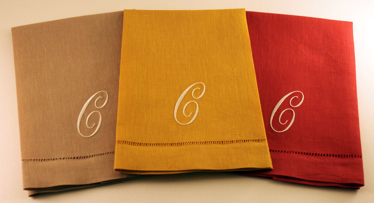 Single Initial Monogram Embroidered Linen/Cotton Hemstitched Guest Hand Towel
