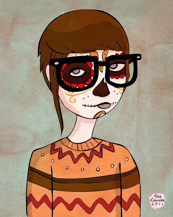 25% Off - Day Of The Dead Hipster - 8 x 10 Illustration Print
