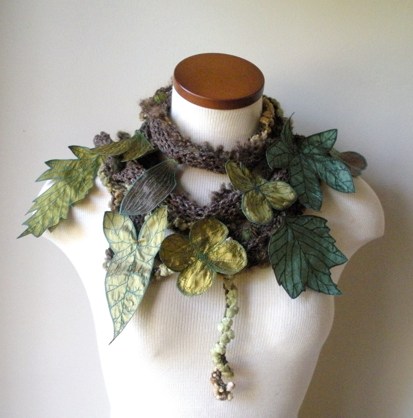 Long and Leafy Scarf- Brown with Green Berries