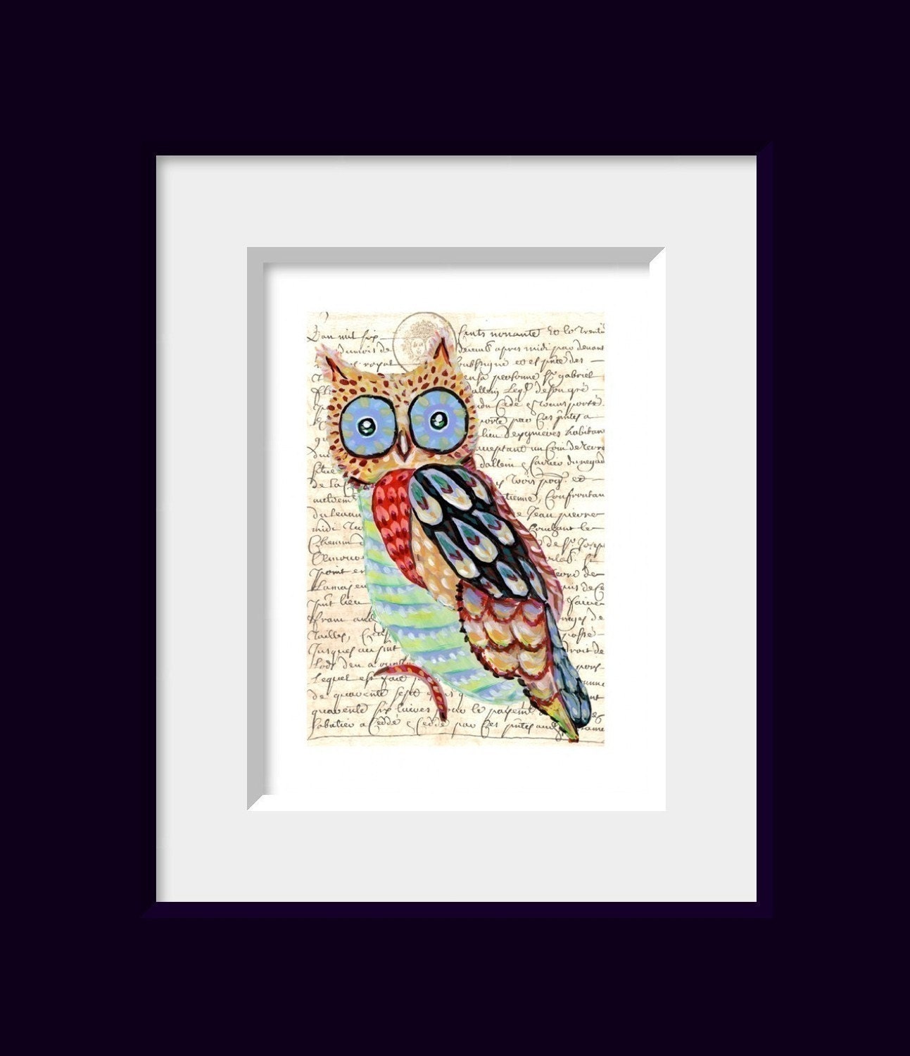 Whimsical Owl Painting art collage print SALE Everything is 25% OFF