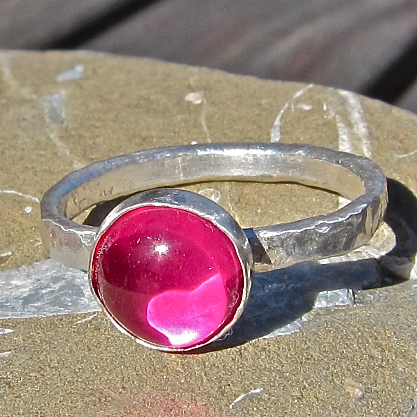 Lab Grown 8mm. Ruby and Fine Silver Stack Ring