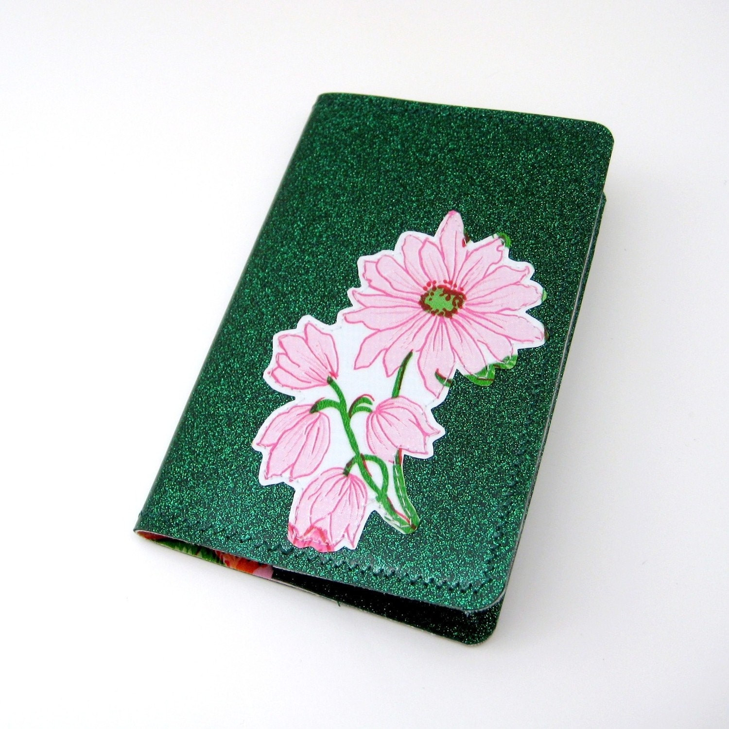 Vinyl Book Cover for Moleskine Pocket Cahier Journal, Appliqued Oilcloth Design, emerald green sparkle / pink and orange grannyflowers