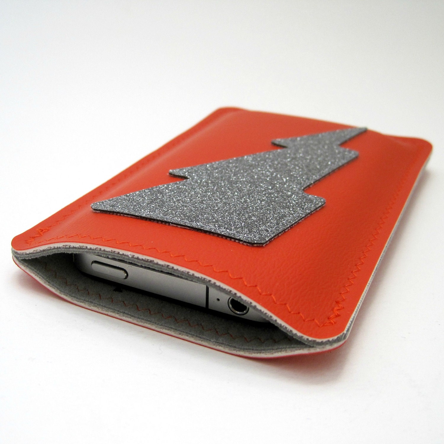 Vinyl Smartphone Case, Sleeve with Lightning Bolt Design, orange matte vinyl / grey ultrasuede, fits iPhone 4/4S