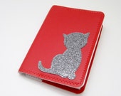 Vinyl Book Cover for Mini Composition Notebook, Sitting Kitten Design, red matte vinyl and silver polka dot oilcloth