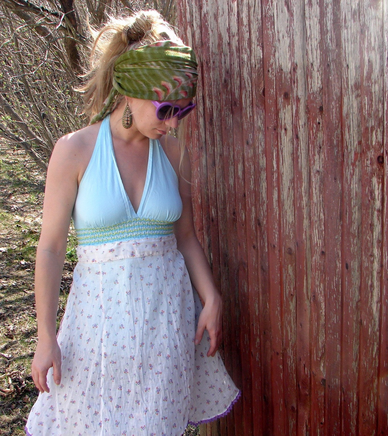 RESERVED FOR BECCA Eco Friendly Hippie Mamma Halter Top with Vintage Trim and Apron Size  Small/Medium